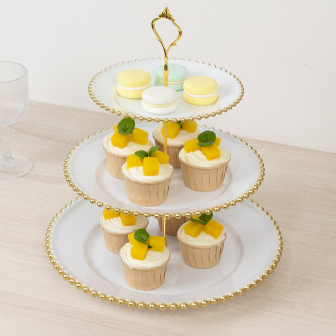 White 3-Tier Round Plastic Cupcake Tower Stand with Gold Beaded Rim, Dessert
