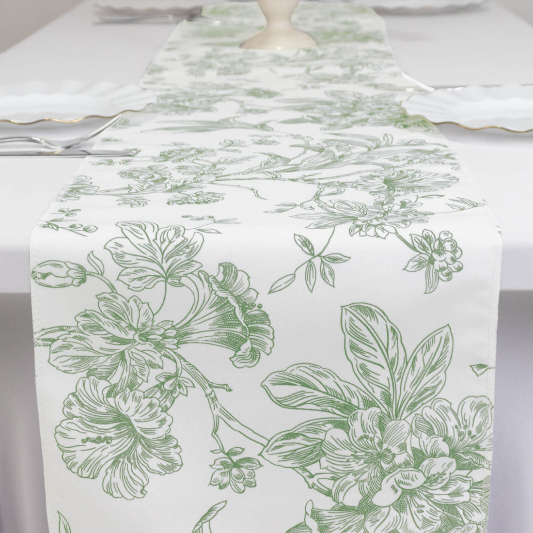 Polyester Table Runner 12x108inch White with Dusty Sage Green French Toile Floral Print