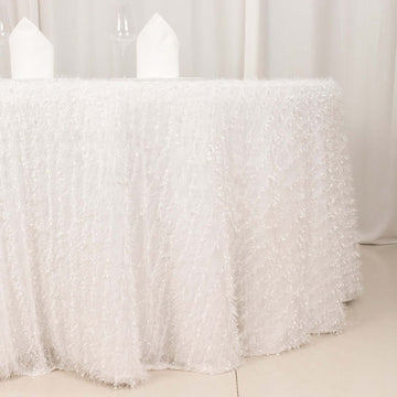 White Fringe Shag Polyester Round Tablecloth 120" for 5 Foot Table With Floor-Length Drop