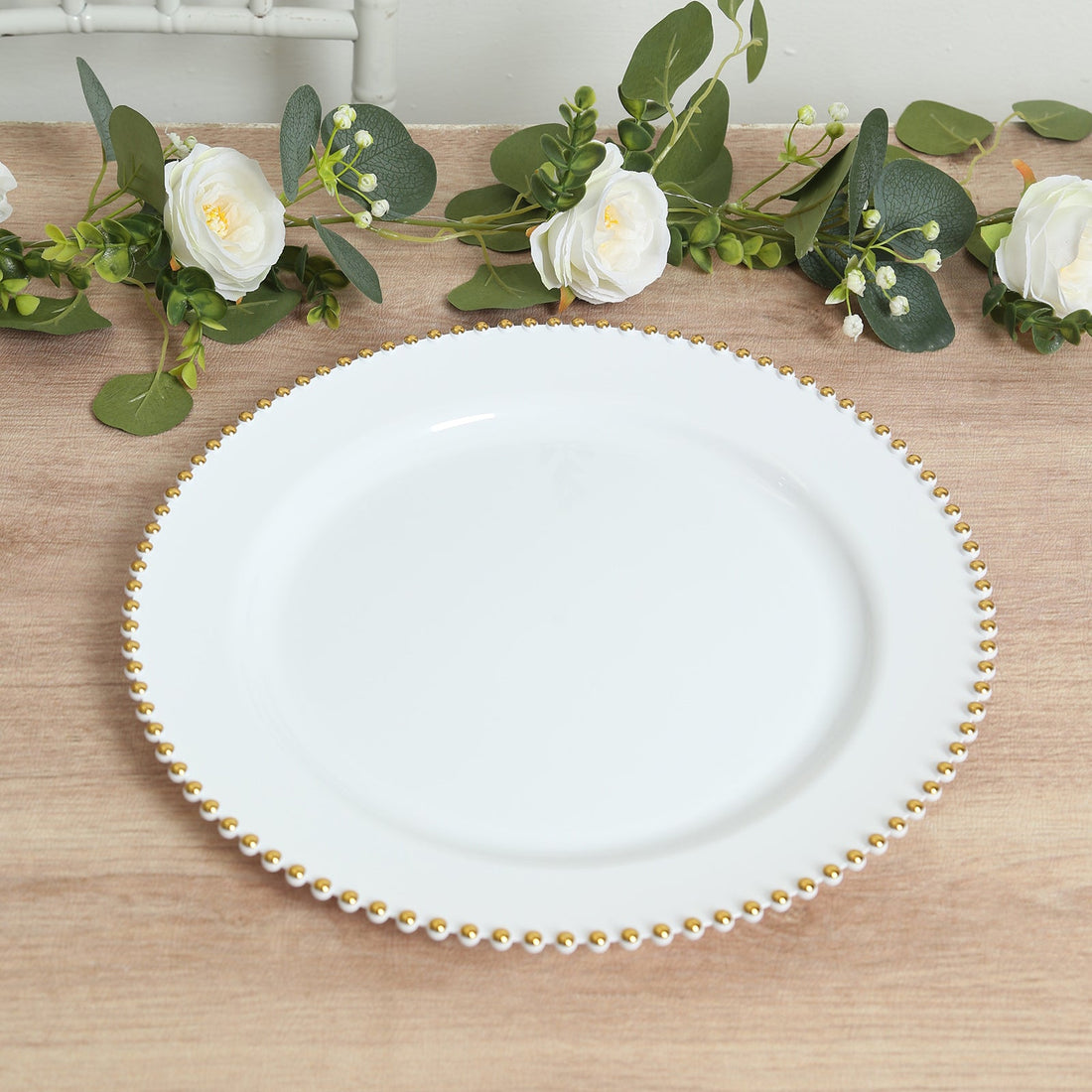 10-Pack Economy Plastic Charger Plates 13" Round White with Gold Beaded Rim - Stylish Dinner Party