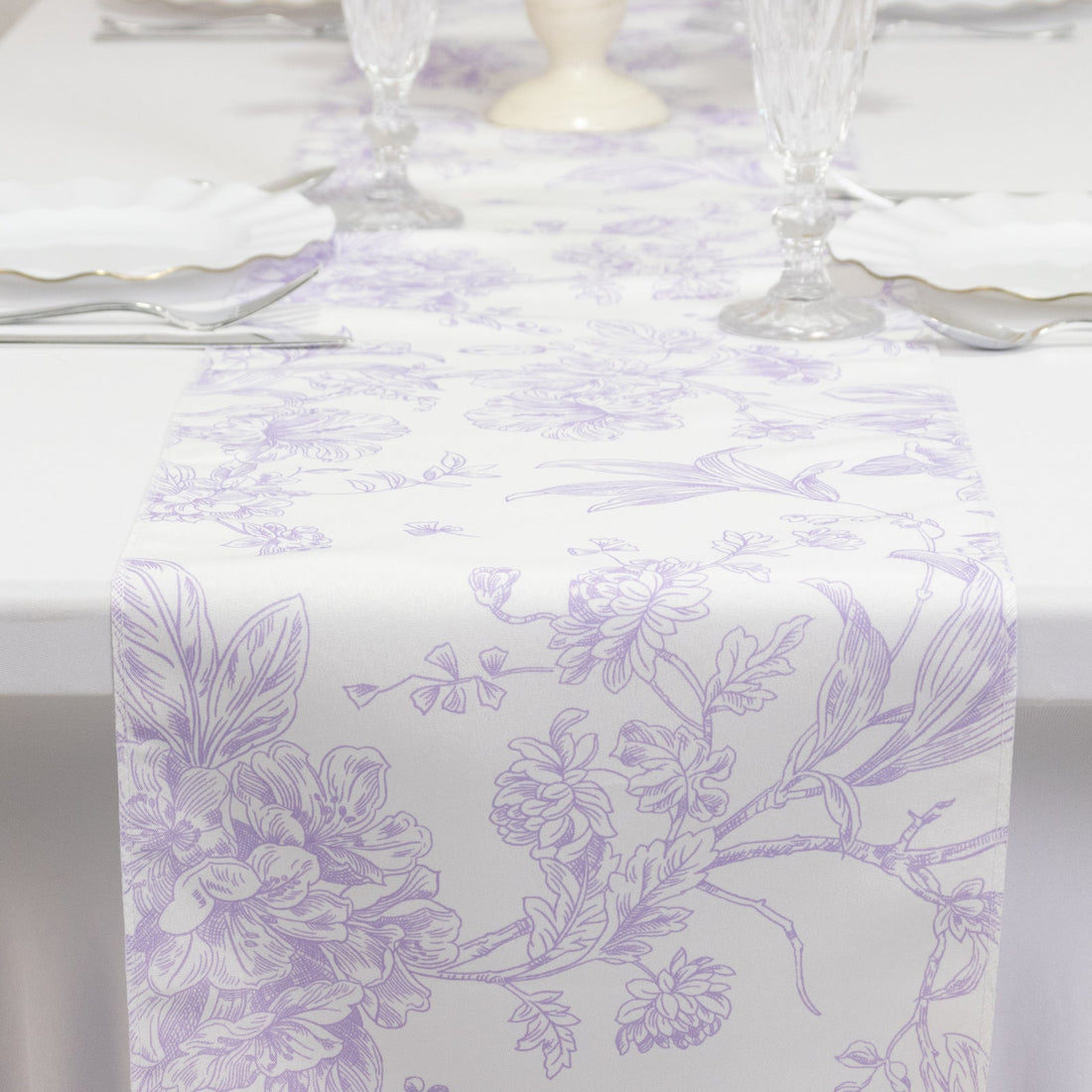 Polyester Table Runner 12x108inch White with Lavender Lilac French Toile Floral Print - Exquisite