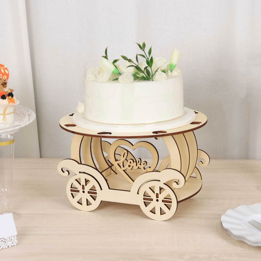 Natural Wooden Carriage Wedding Cake Stand, Laser Cut Cupcake Holder with 12inch Round Display Plate