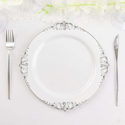 10-Pack Plastic Round Dinner Plates 10" White with Silver Leaf Embossed Rim - Vintage Baroque Style Disposable Plates