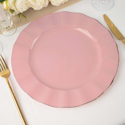 10-Pack Plastic Round Dinner Plates 11" Dusty Rose Ruffled Rim with Gold Edging - Heavy Duty Disposable Dinnerware