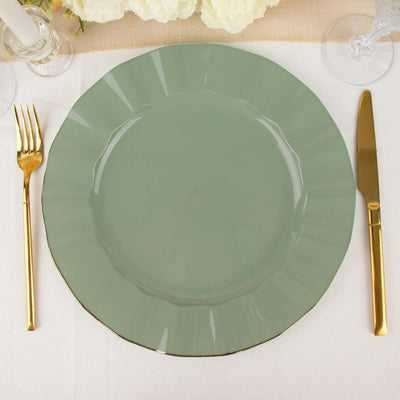 10-Pack Plastic Round Dinner Plates 11" Dusty Sage Green Ruffled Rim with Gold Edging - Heavy Duty Disposable Dinnerware