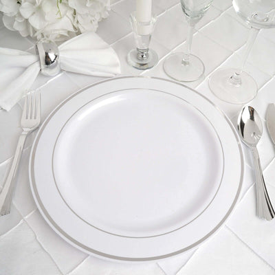 10-Pack Plastic Dinner Plates 10" White with Très Chic Silver Rim - Stylish Disposable Plates for Events
