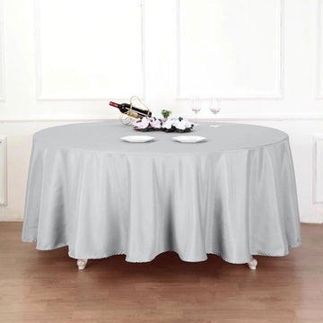 Silver Seamless Polyester Round Tablecloth 120" for 5 Foot Table With Floor-Length Drop