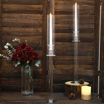 2 Pack Clear Crystal Glass Hurricane Taper Candle Holders With Cylinder Chimney Tubes 26" Tall