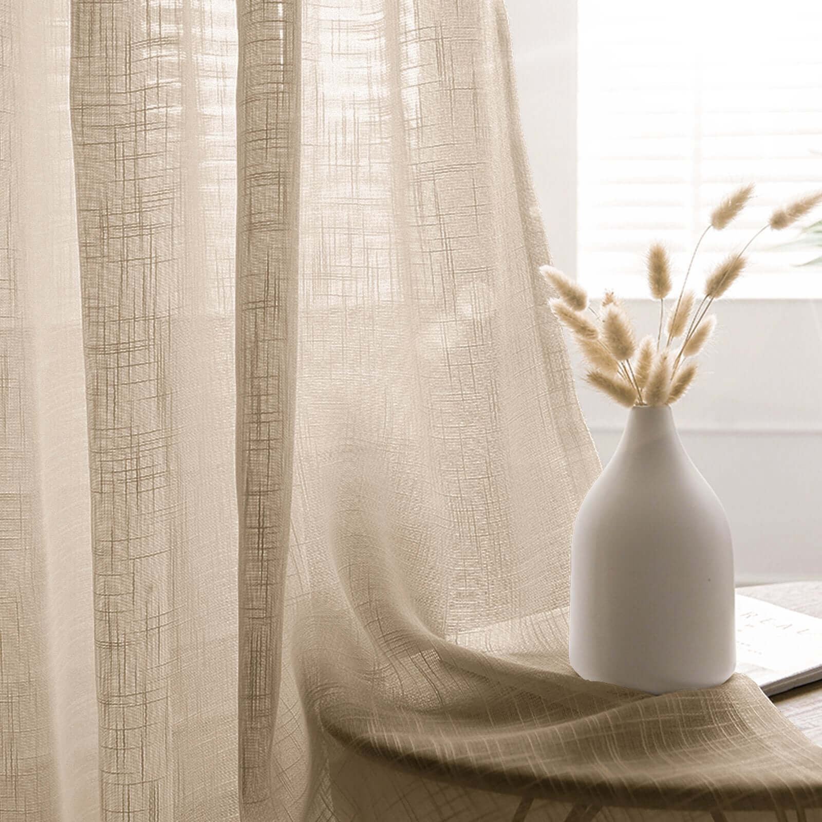 Beige Faux Linen Curtains With Chrome Grommet - 52x84