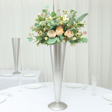 Brushed Silver Metal Trumpet Flower Vase Wedding Centerpiece 28" Tall