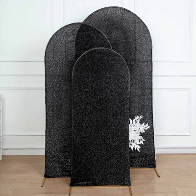 Black Shimmer Tinsel Spandex Wedding Arch Cover For Fitted Round Top Chiara Backdrop Stand 5ft