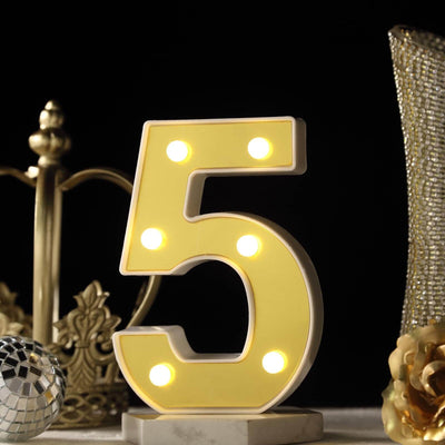 3D Marquee Number "5" Gold with Warm White 6 LED Lights 6" - Light-Up Decor for Weddings