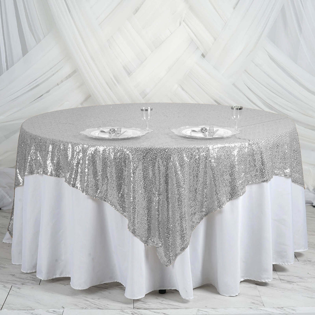 Silver Premium Sequin Square Table Overlay | eFavormart.com