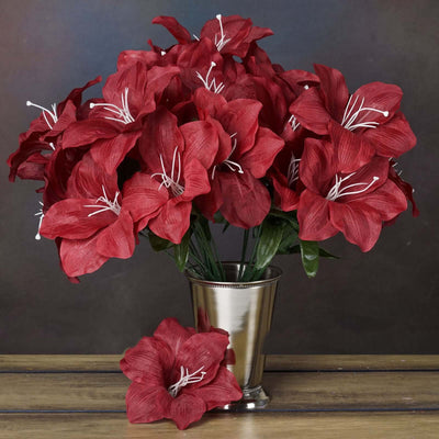 10 Bushes Burgundy Artificial Silk Tiger Lily Flowers, Faux Bouquets