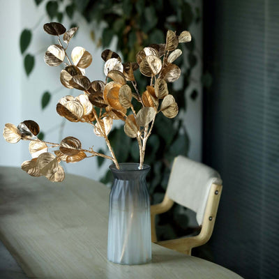 2-Pack Artificial Round Eucalyptus Leaf Branches 27" Metallic Gold - Lustrous Faux Decorative Bouquets for Event Styling & Table Arrangements