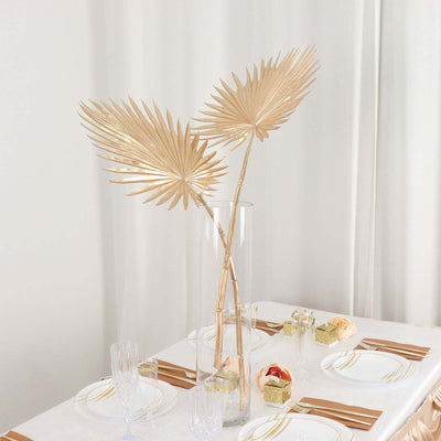 2-Pack Artificial Fan Palm Leaf Stems 34" Metallic Gold - Tropical & Stylish Faux Plant Floral Arrangement Table Centerpiece Decor