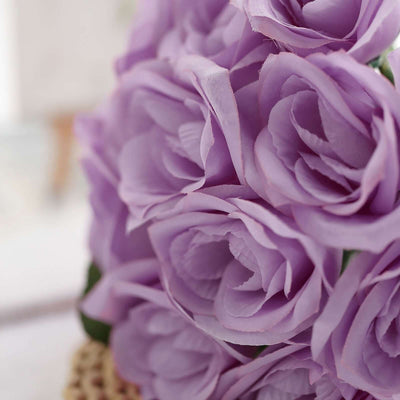 Lavender Lilac Artificial Velvet-Like Fabric Rose Flower Bouquet Bush 12"