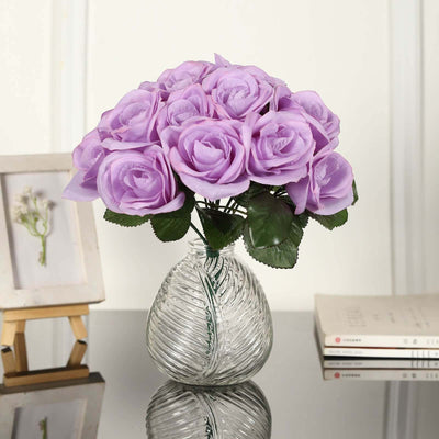 Lavender Lilac Artificial Velvet-Like Fabric Rose Flower Bouquet Bush 12"