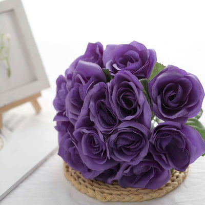 Purple Artificial Velvet-Like Fabric Rose Flower Bouquet Bush 12"