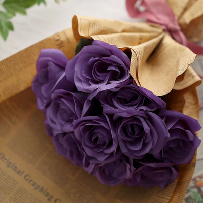 Purple Artificial Velvet-Like Fabric Rose Flower Bouquet Bush 12"