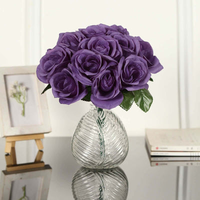 Purple Artificial Velvet-Like Fabric Rose Flower Bouquet Bush 12"
