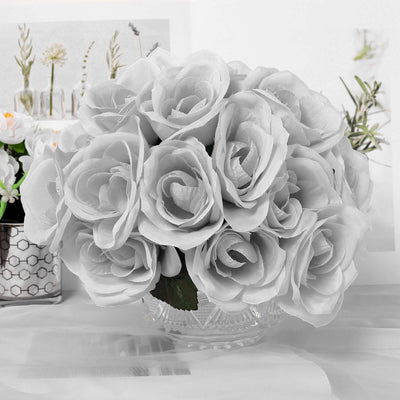 Silver Artificial Velvet-Like Fabric Rose Flower Bouquet Bush 12"