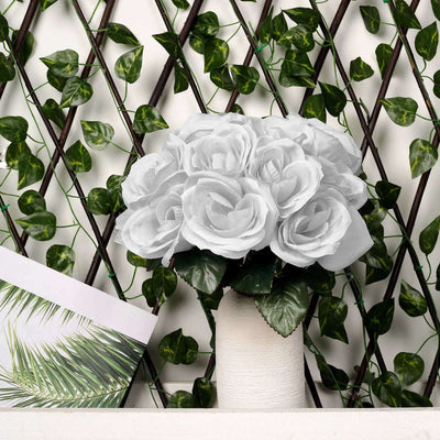 Silver Artificial Velvet-Like Fabric Rose Flower Bouquet Bush 12"
