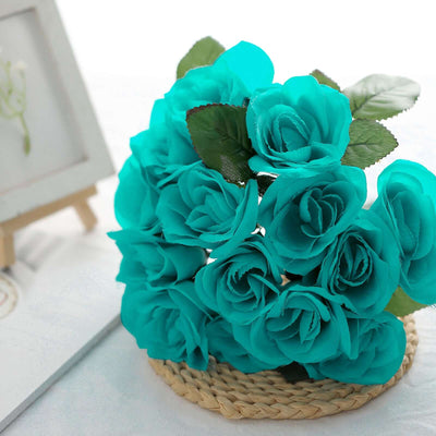 Turquoise Artificial Velvet-Like Fabric Rose Flower Bouquet Bush 12"