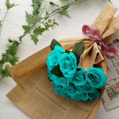 Turquoise Artificial Velvet-Like Fabric Rose Flower Bouquet Bush 12"