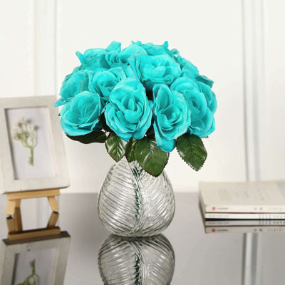 Turquoise Artificial Velvet-Like Fabric Rose Flower Bouquet Bush 12"