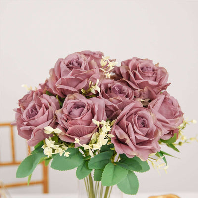 2 Bushes Dusty Rose Artificial Silk Rose Flower Arrangements, Real Touch Long Stem Flower Bouquet 18"