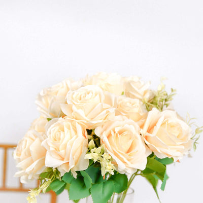 2 Bushes Cream Artificial Silk Rose Flower Arrangements, Real Touch Long Stem Flower Bouquet 18"
