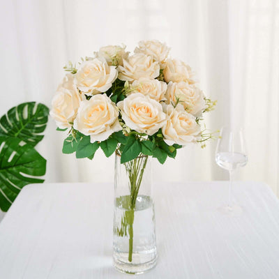 2 Bushes Cream Artificial Silk Rose Flower Arrangements, Real Touch Long Stem Flower Bouquet 18"