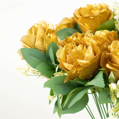 2 Bushes Gold Artificial Silk Rose Flower Arrangements, Real Touch Long Stem Flower Bouquet 18"