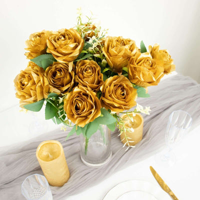 2 Bushes Gold Artificial Silk Rose Flower Arrangements, Real Touch Long Stem Flower Bouquet 18"