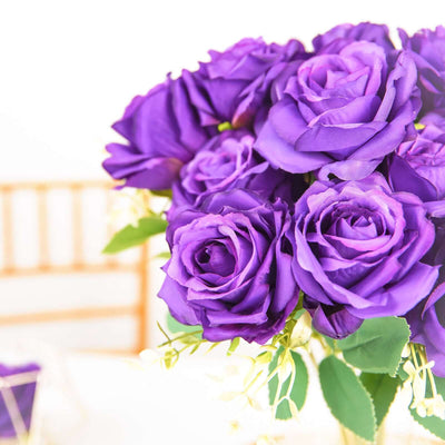 2 Bushes Purple Artificial Silk Rose Flower Arrangements, Real Touch Long Stem Flower Bouquet 18"