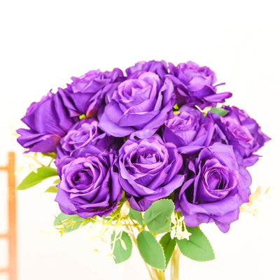 2 Bushes Purple Artificial Silk Rose Flower Arrangements, Real Touch Long Stem Flower Bouquet 18"