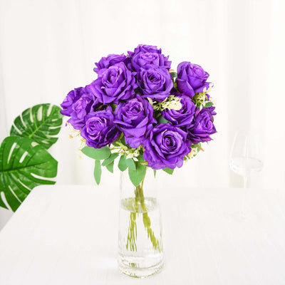 2 Bushes Purple Artificial Silk Rose Flower Arrangements, Real Touch Long Stem Flower Bouquet 18"