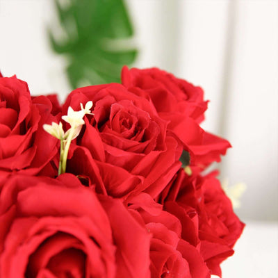 2 Bushes Red Artificial Silk Rose Flower Arrangements, Real Touch Long Stem Flower Bouquet 18"
