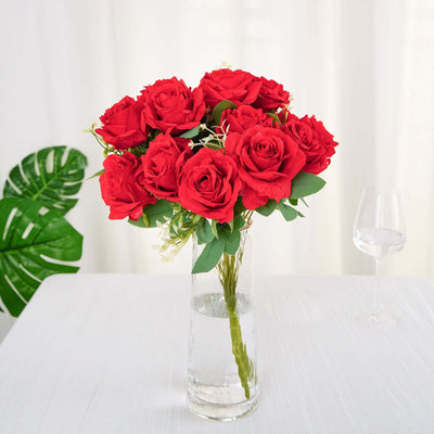 2 Bushes Red Artificial Silk Rose Flower Arrangements, Real Touch Long Stem Flower Bouquet 18"