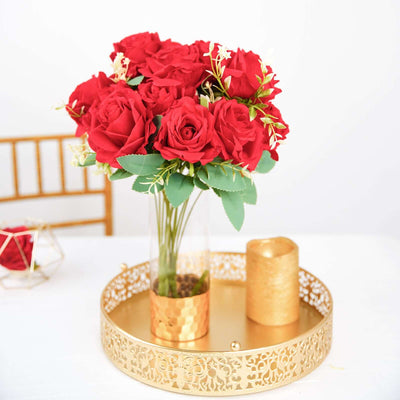 2 Bushes Red Artificial Silk Rose Flower Arrangements, Real Touch Long Stem Flower Bouquet 18"