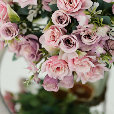 4 Bushes Dusty Rose Real Touch Artificial Silk Rose Bridal Bouquet, Faux Flowers 12"