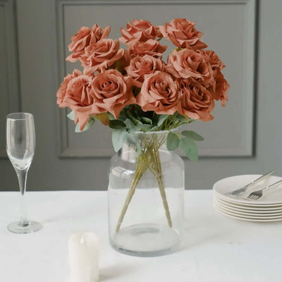 2 Bouquets Terracotta (Rust) Real Touch Artificial Silk Rose Flower Bushes 17"