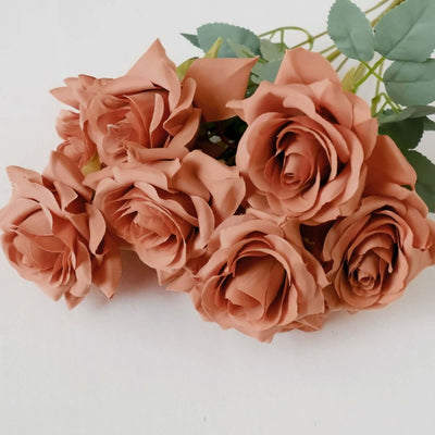 2 Bouquets Terracotta (Rust) Real Touch Artificial Silk Rose Flower Bushes 17"