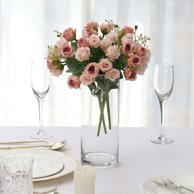 2 Pack Blush Artificial Open Rose Flower Bouquets, Small Faux Floral Arrangements 12"