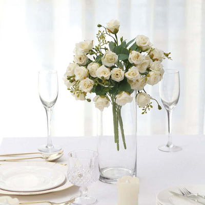 2 Pack Ivory Artificial Open Rose Flower Bouquets, Small Faux Floral Arrangements 12"