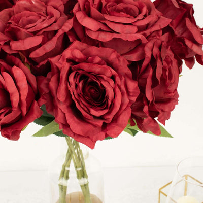 2 Bushes Burgundy Premium Silk Jumbo Rose Flower Bouquet, High Quality Artificial Wedding Floral Arrangements 17"