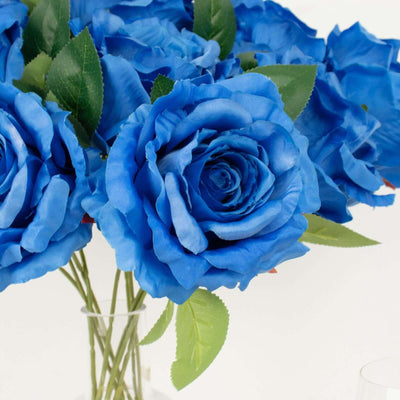 2 Bushes Royal Blue Premium Silk Jumbo Rose Flower Bouquet, High Quality Artificial Wedding Floral Arrangements 17"