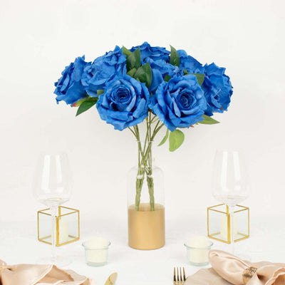 2 Bushes Royal Blue Premium Silk Jumbo Rose Flower Bouquet, High Quality Artificial Wedding Floral Arrangements 17"