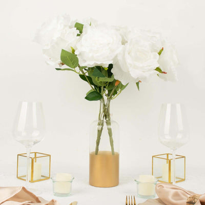 2 Bushes White Premium Silk Jumbo Rose Flower Bouquet, High Quality Artificial Wedding Floral Arrangements 17"